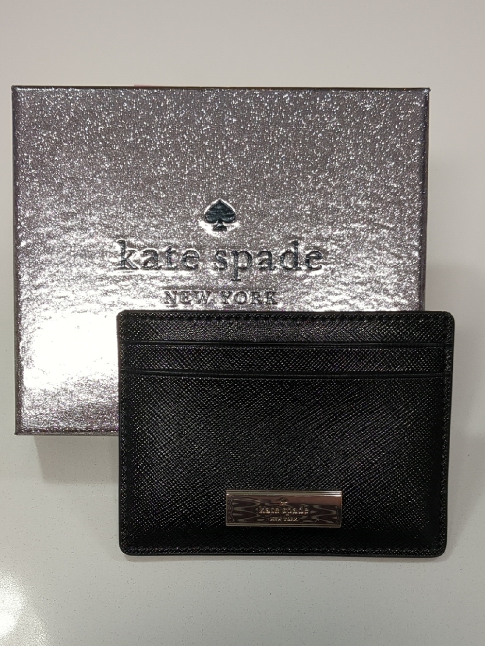 kate spade Black Saffiano Leather Card Case with Metal Logo Plaque